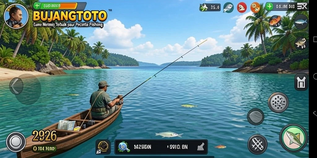 Screenshot gameplay BUJANGTOTO menampilkan aksi memancing yang seru dan indah.