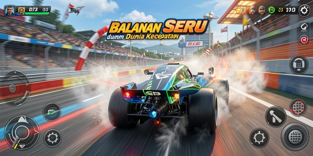 Screenshot D73 menampilkan intensitas balapan penuh aksi.