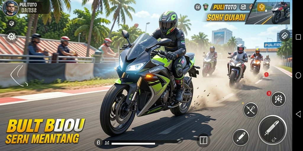 Screenshot PULITOTO menampilkan aksi balap motor yang intens.